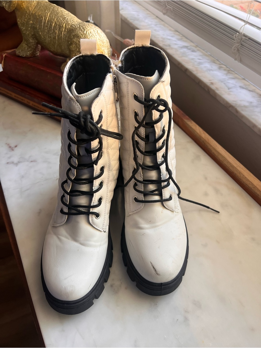 Charlotte Russe White Quilted Lace-Up Combat Boots with Black Accents